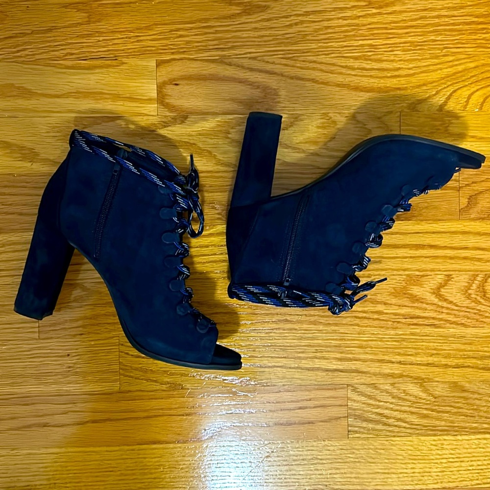 Navy Blue Suede Peep Toe Booties